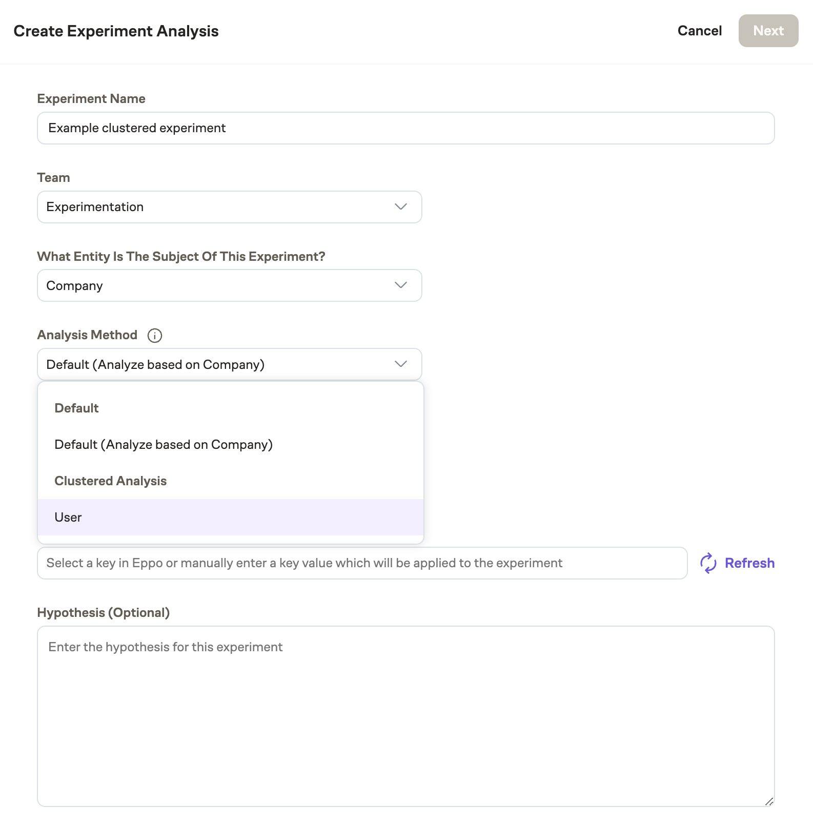 Create clustered analysis experiment