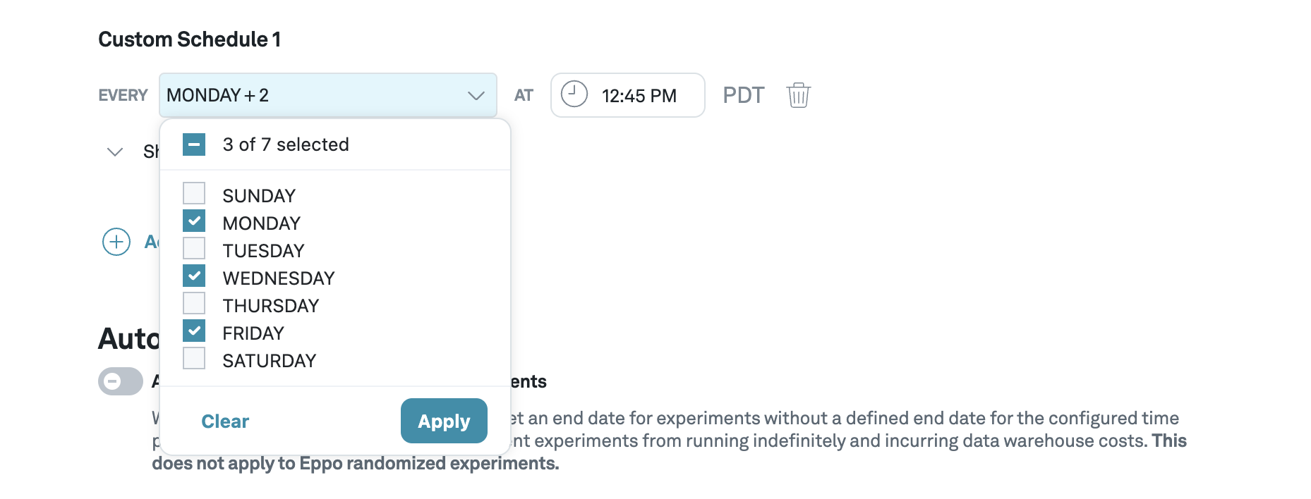 Custom Experiment Update Schedule