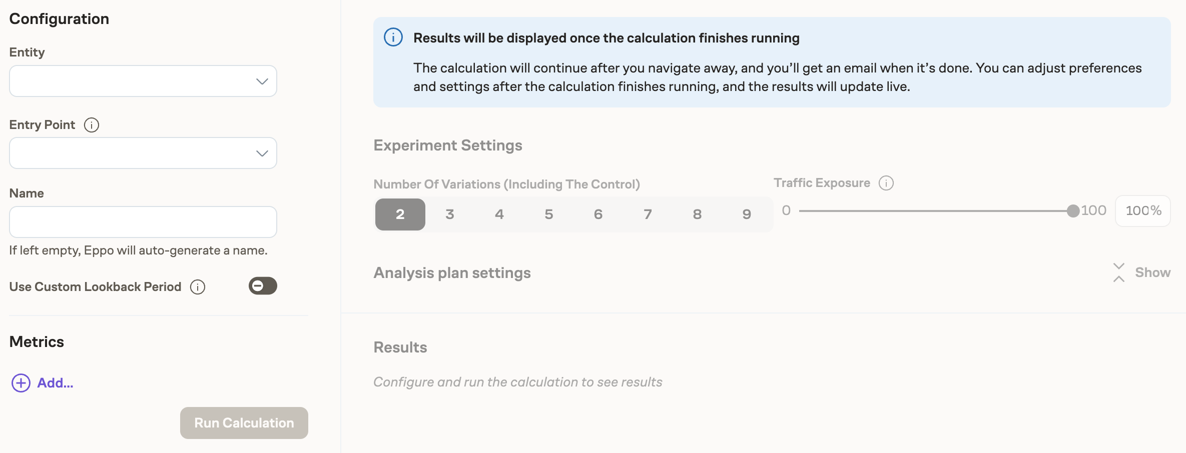 Sample size calculator interface