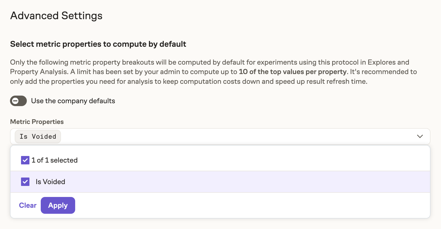 Settings to add metric properties to a Protocol