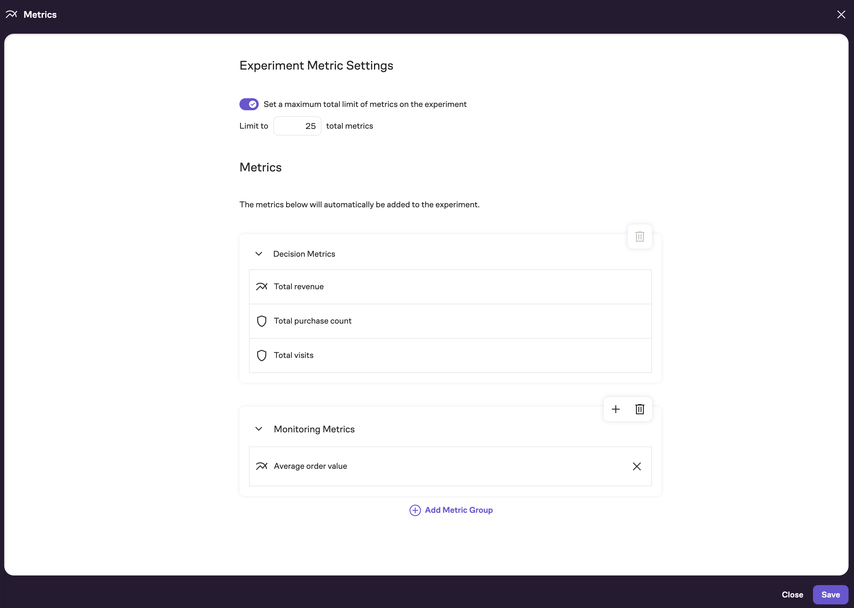 Protocol metric settings screen