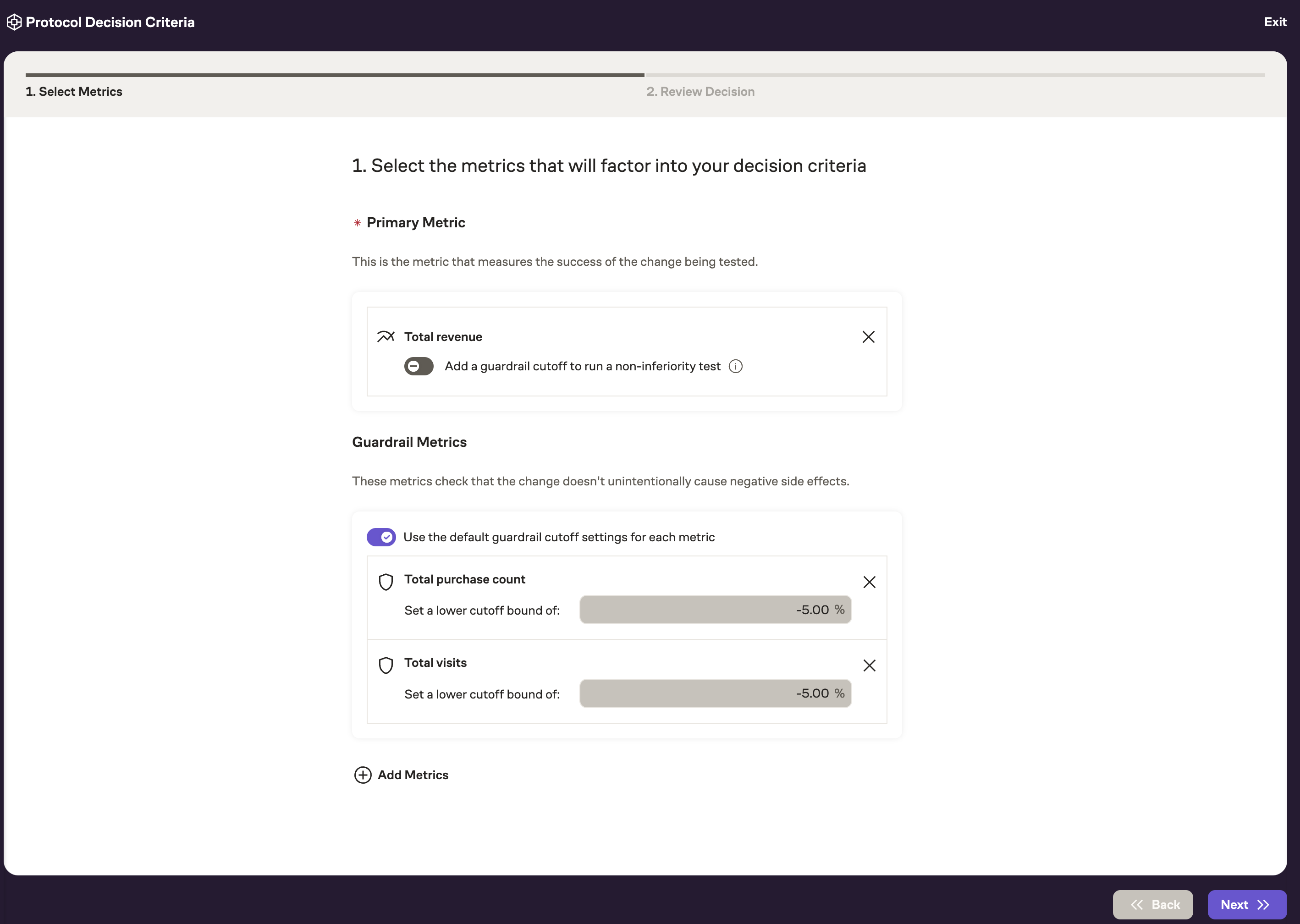 Protocol select metrics screen