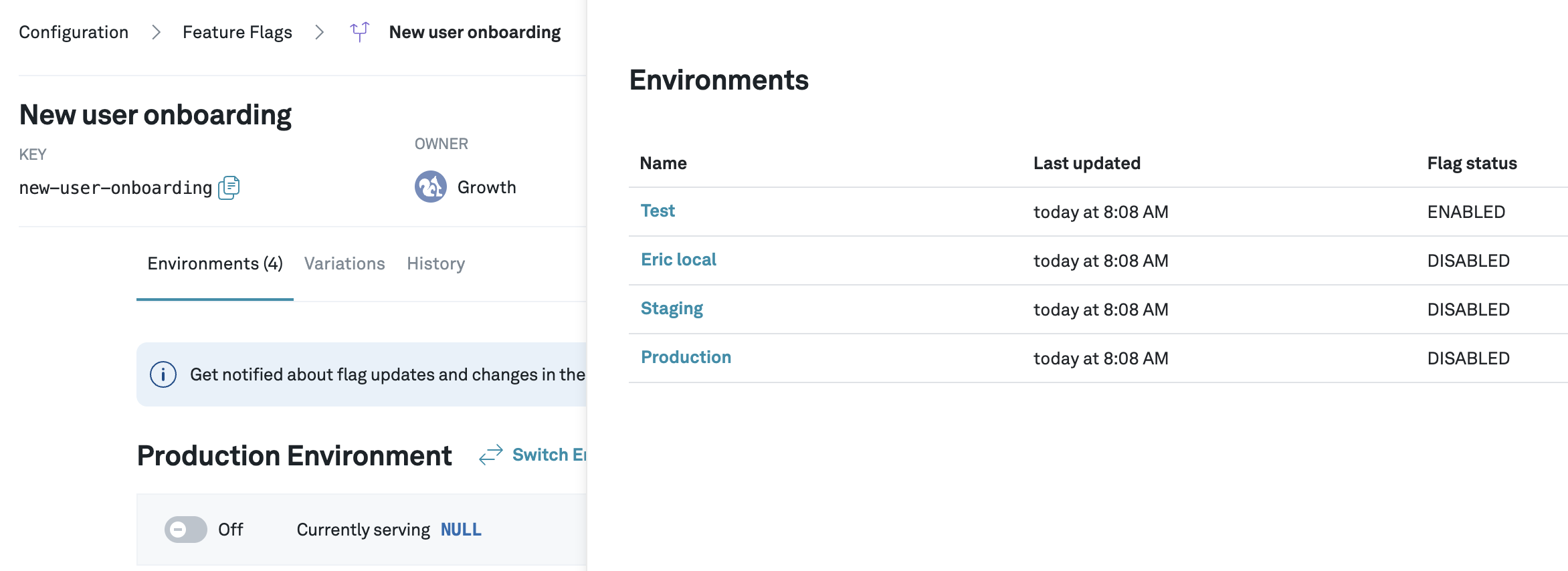 Screenshot of list of Environments
