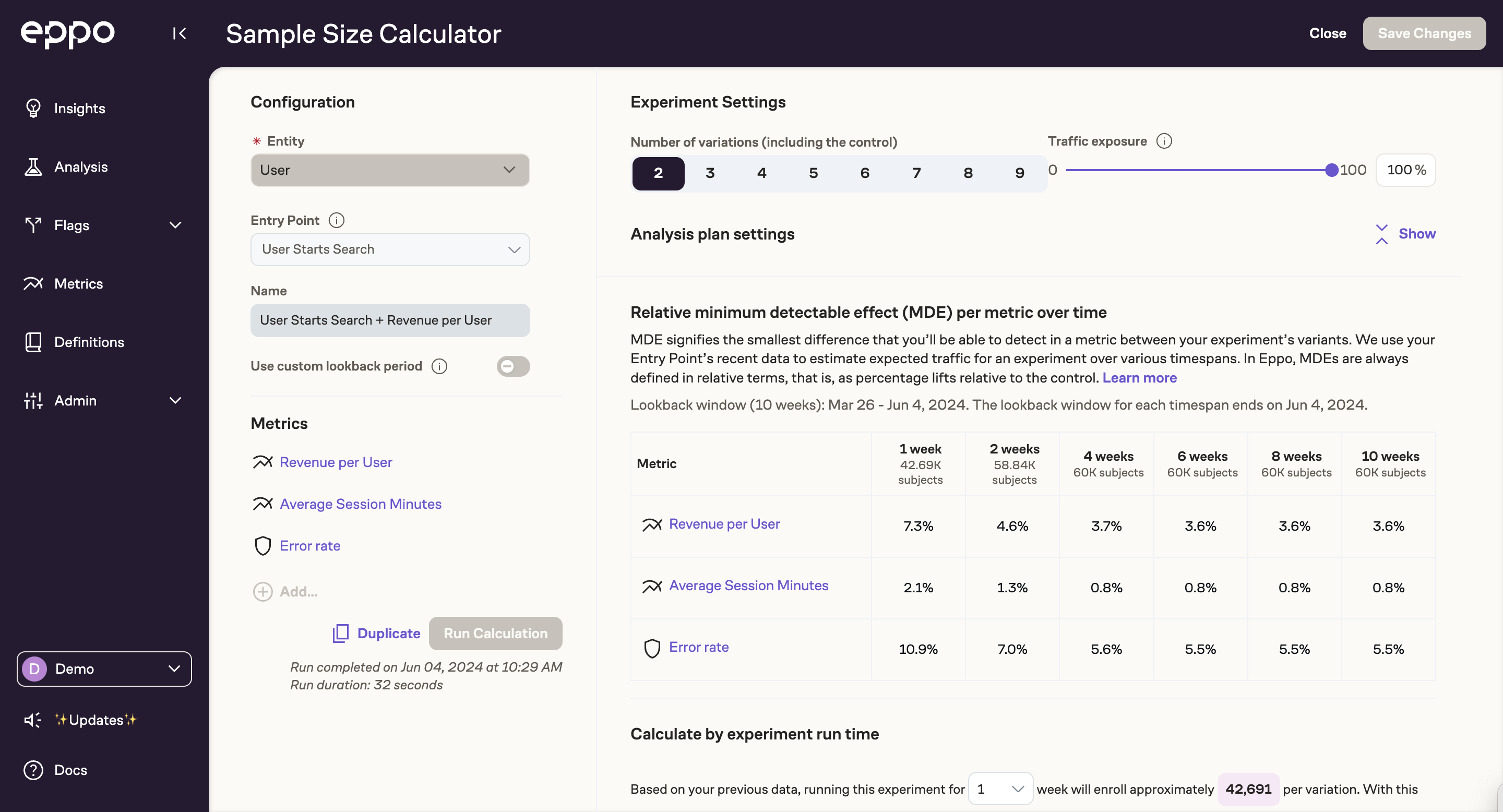Sample size calculator results