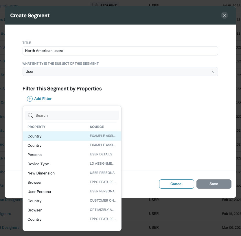 select property for segment